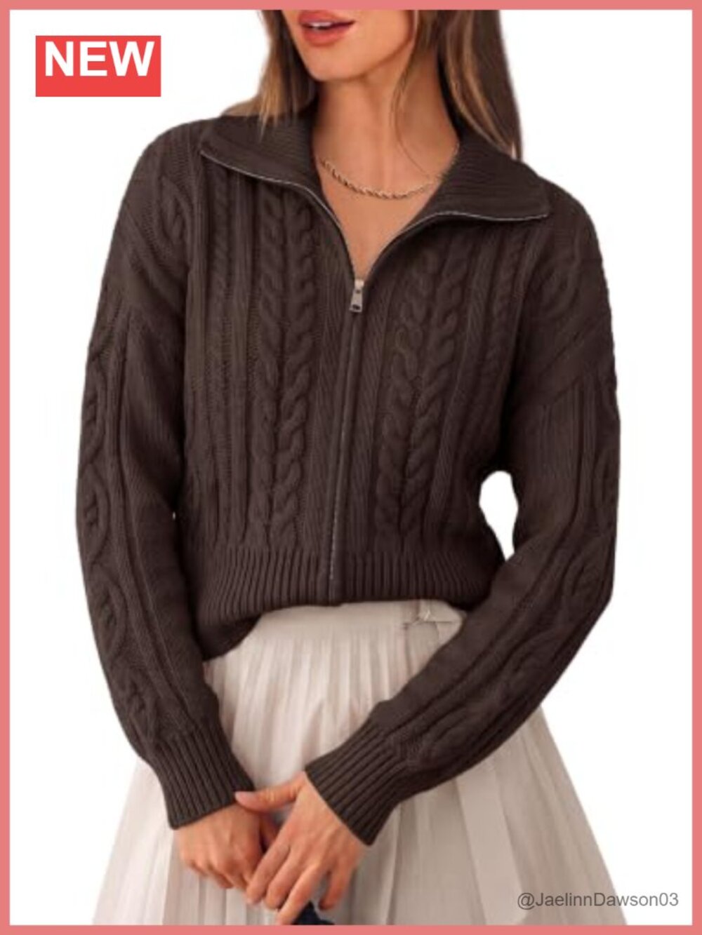 Women's Cable Knit Cropped Cardigan Sweater Long Sleeve Zip Up Relaxed